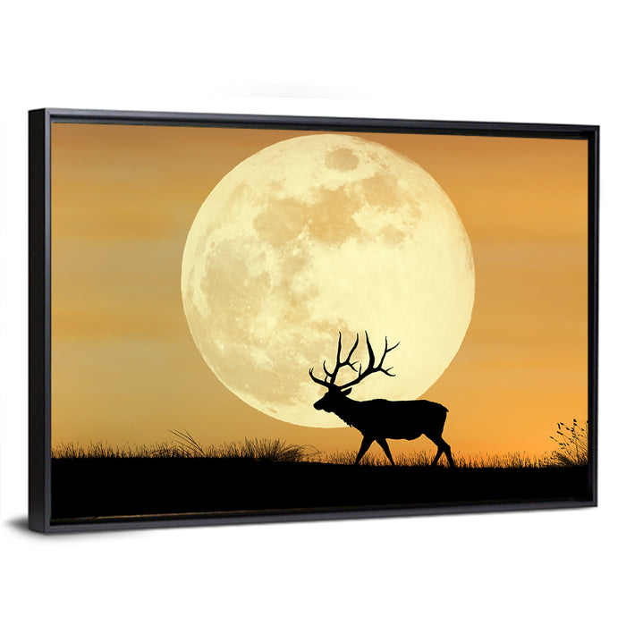 Bull Elk Silhouette Under Supermoon Wall Art as a framed canvas