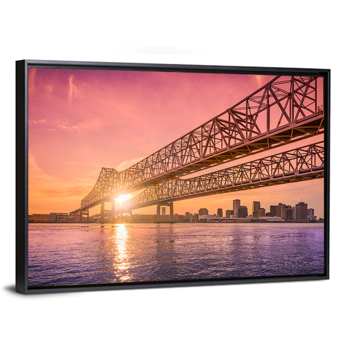 Crescent City Connection at Sunset Wall Art as a framed canvas