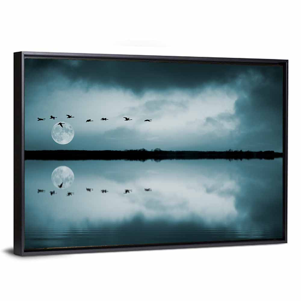 Moonlit Flock Over Lake Wall Art