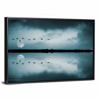 Moonlit Flock Over Lake Wall Art