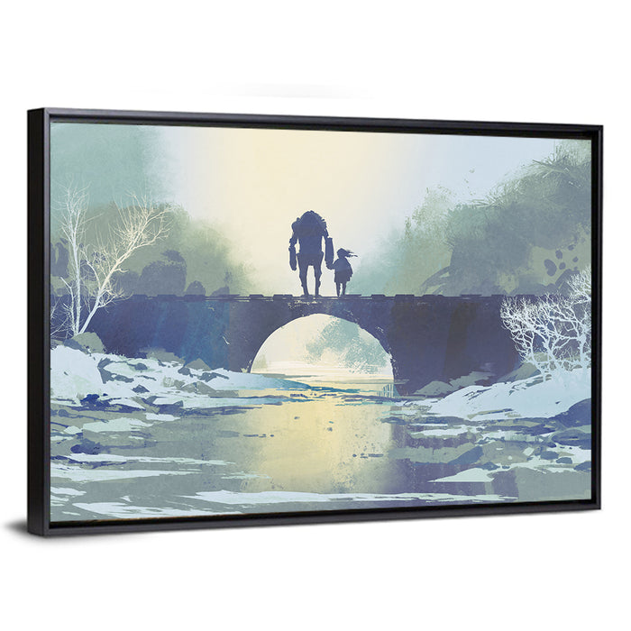 Robot and Little Girl on Bridge Wall Art as a framed canvas