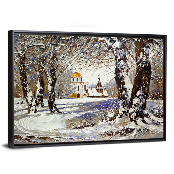 Winter Church with Gold Dome Wall Art as a framed canvas