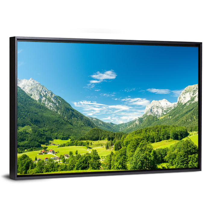 Bavarian Alpine Valley Wall Art as a framed canvas