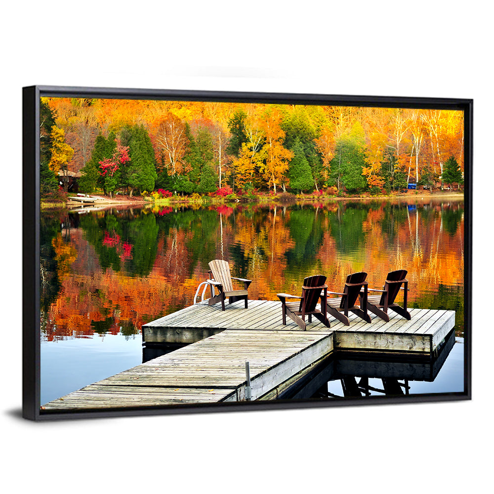 Autumn Lake Dock with Adirondack Chairs Wall Art