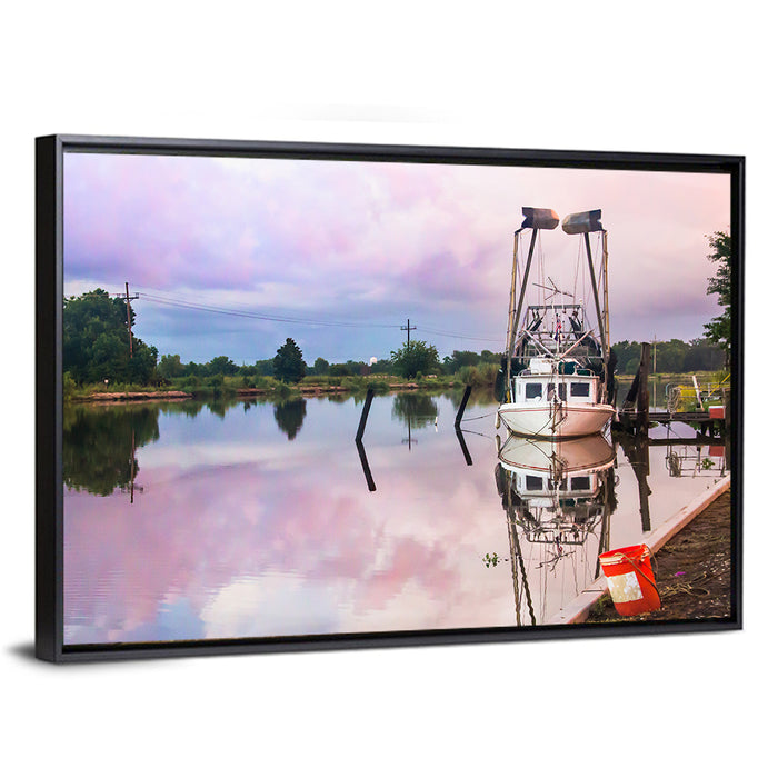White Shrimp Boat on Louisiana Bayou Wall Art as a framed canvas