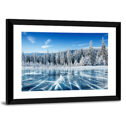 Cracked Ice Lake with Snowy Pines Wall Art