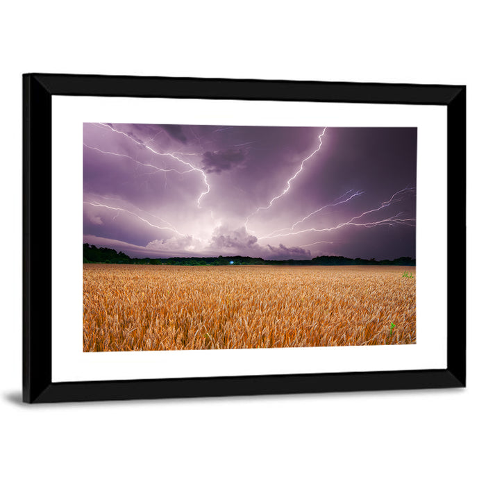 Lightning Over Wheat Field Wall Art as a framed print