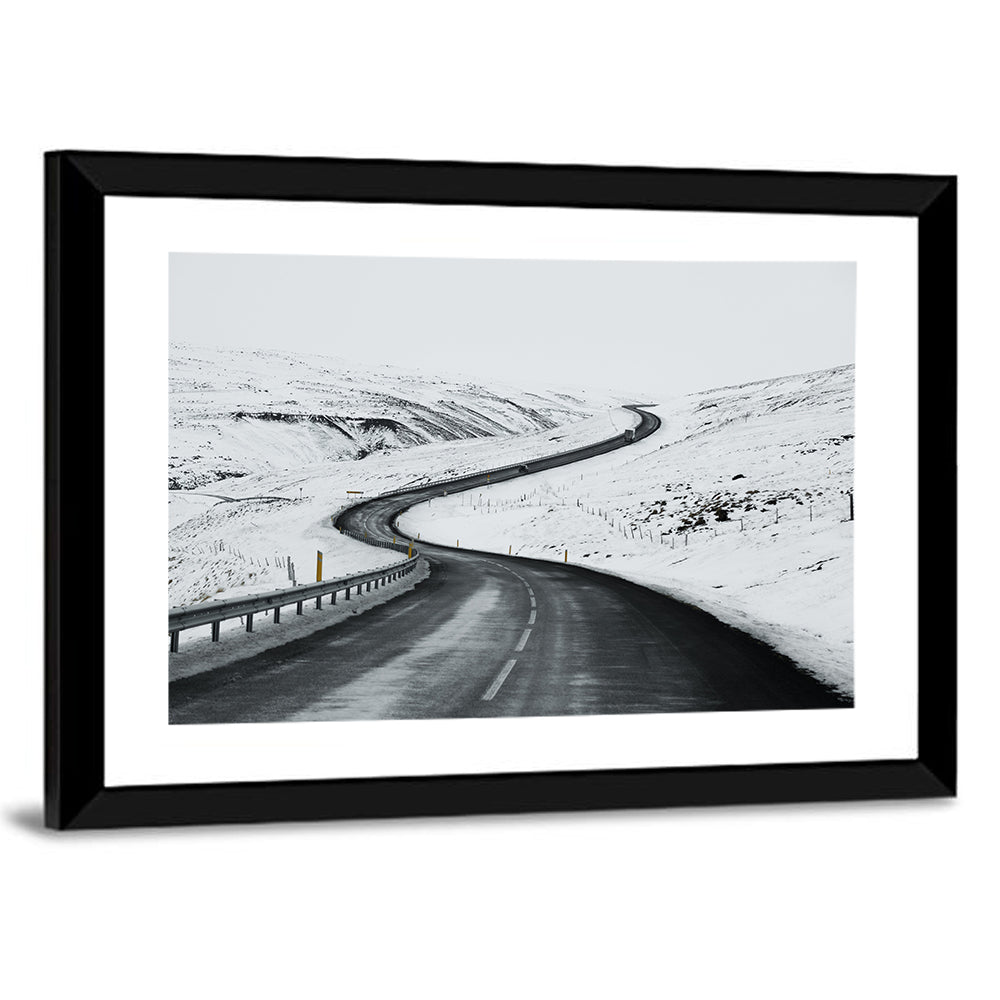 Winding Snow Road with Yellow Markers Wall Art