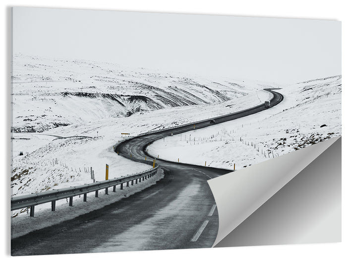 Winding Snow Road with Yellow Markers Wall Art as a poster print