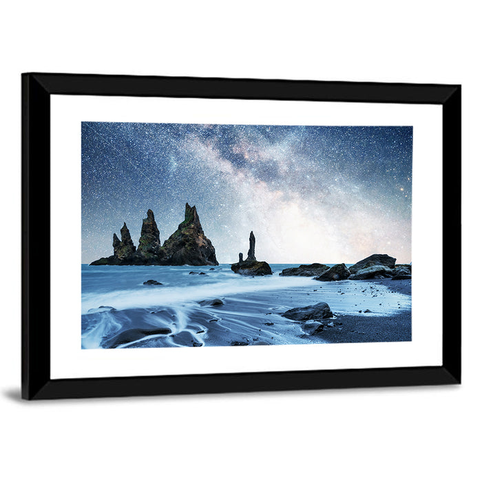 Reynisdrangar Sea Stacks Night Wall Art as a framed print