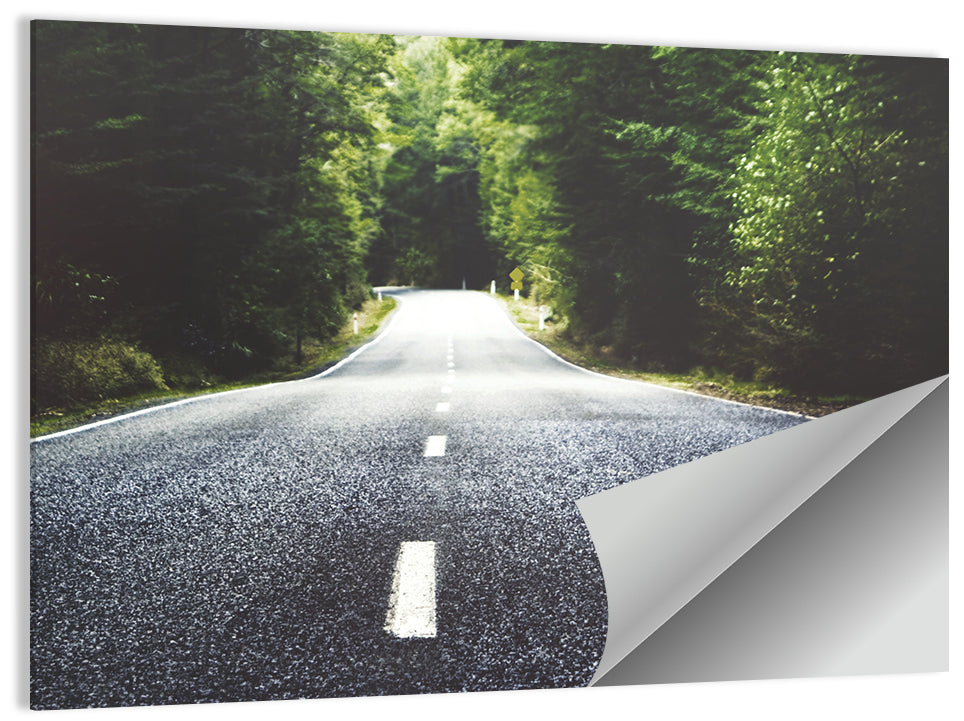 Summer Forest Road with Yellow Sign Wall Art