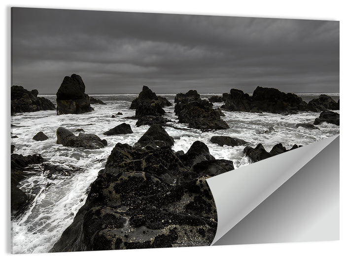 Moody Black and White Rocky Coast Waves Wall Art as a poster print