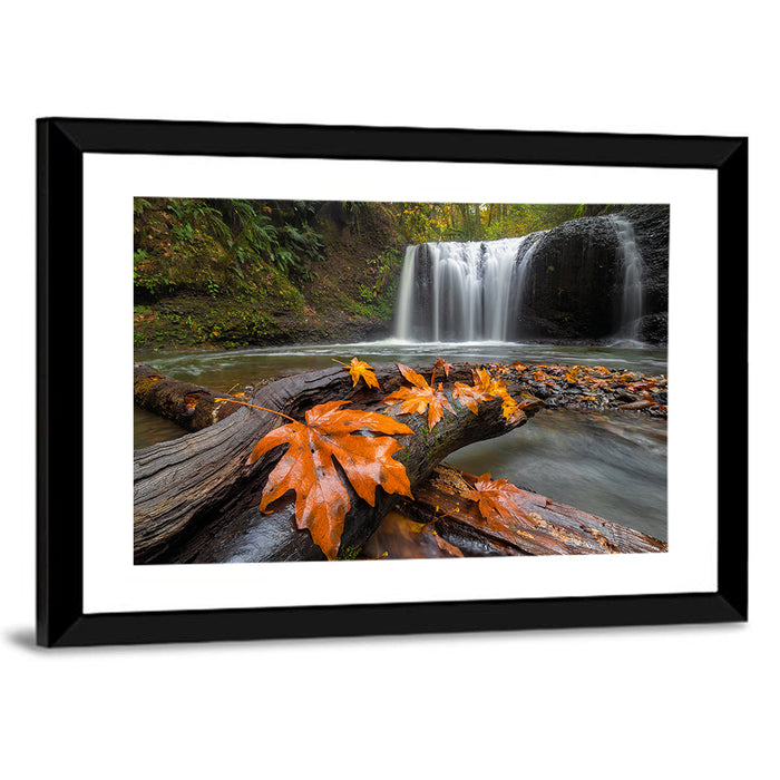 Clackamas Waterfall with Maple Leaf Wall Art as a framed print