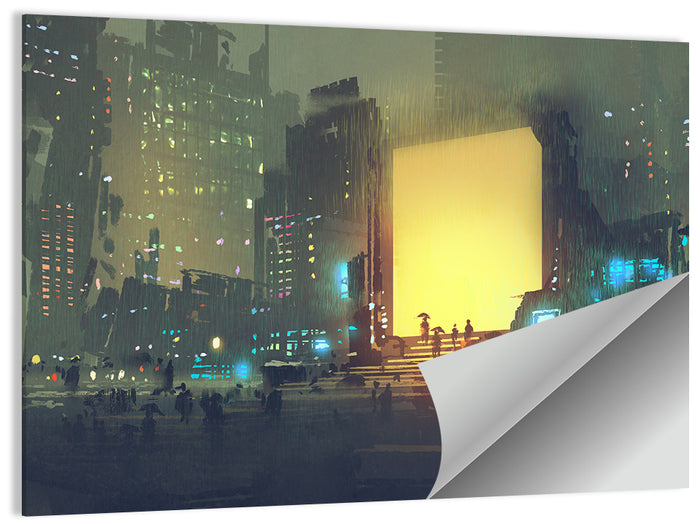 Rainy Night City with Glowing Portal Wall Art as a poster print