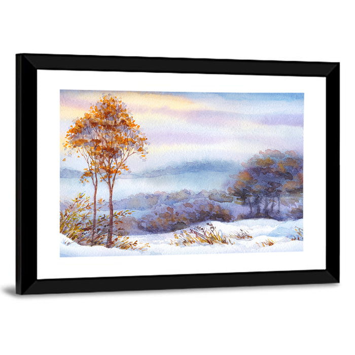 Misty Snow Valley Wall Art as a framed print
