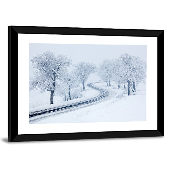 Misty Winter S-curve Road Wall Art as a framed print