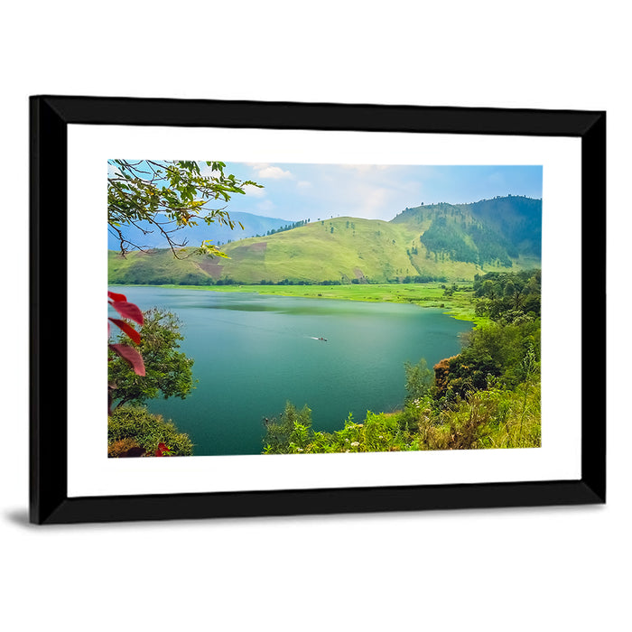 Lake Toba Boat and Hills Wall Art as a framed print