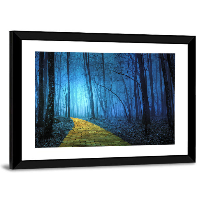 Misty Yellow Brick Road Wall Art as a framed print