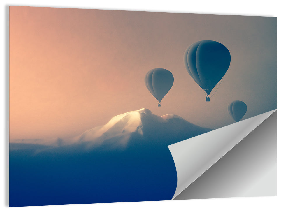 Three Hot Air Balloons Over Misty Peak Wall Art