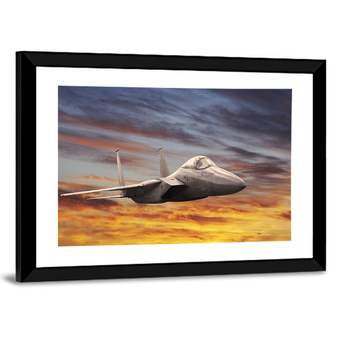 Sunset Fighter Jet Wall Art as a framed print