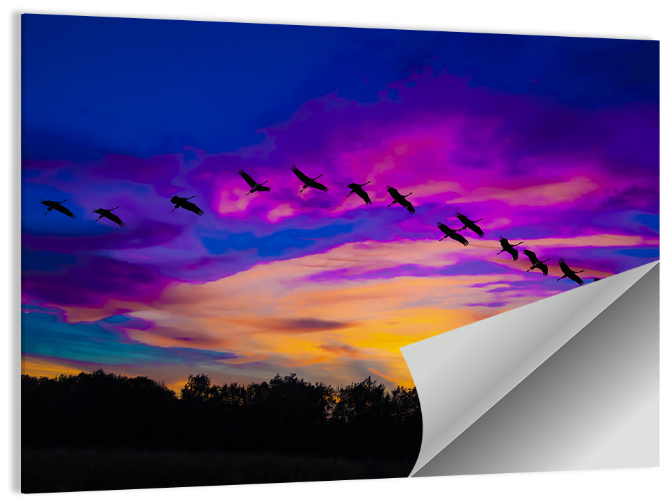 Silhouetted Cranes at Dusk Wall Art