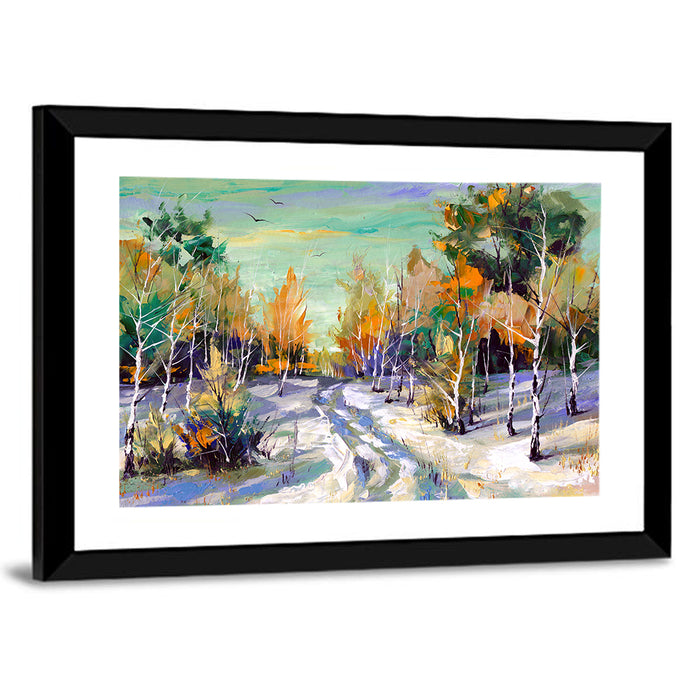 Winter Birch Forest Path Wall Art as a framed print