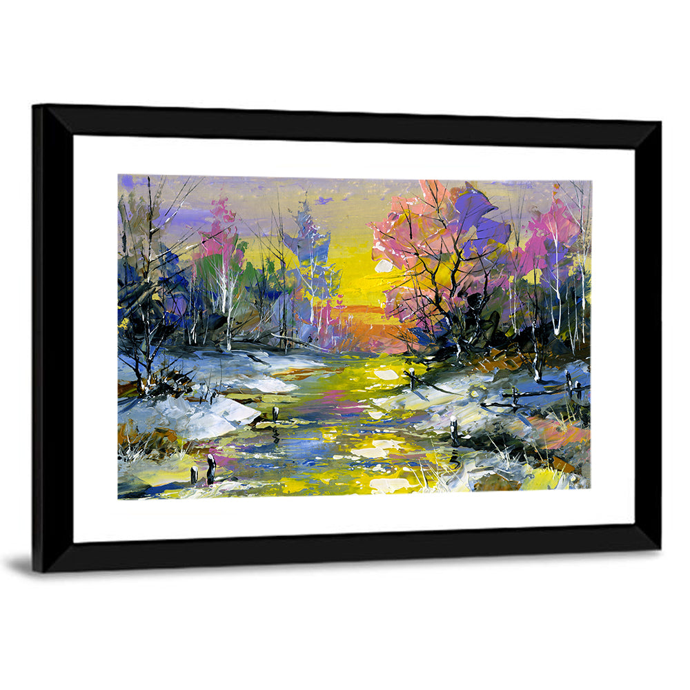 Golden Sunset Over Snowy Stream Wall Art
