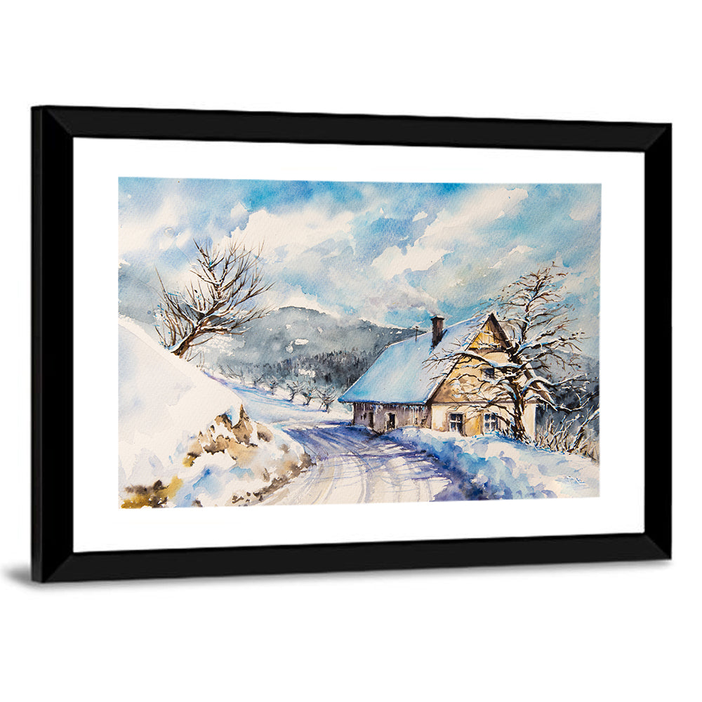 Snowy Mountain Cottage on Curved Path Wall Art