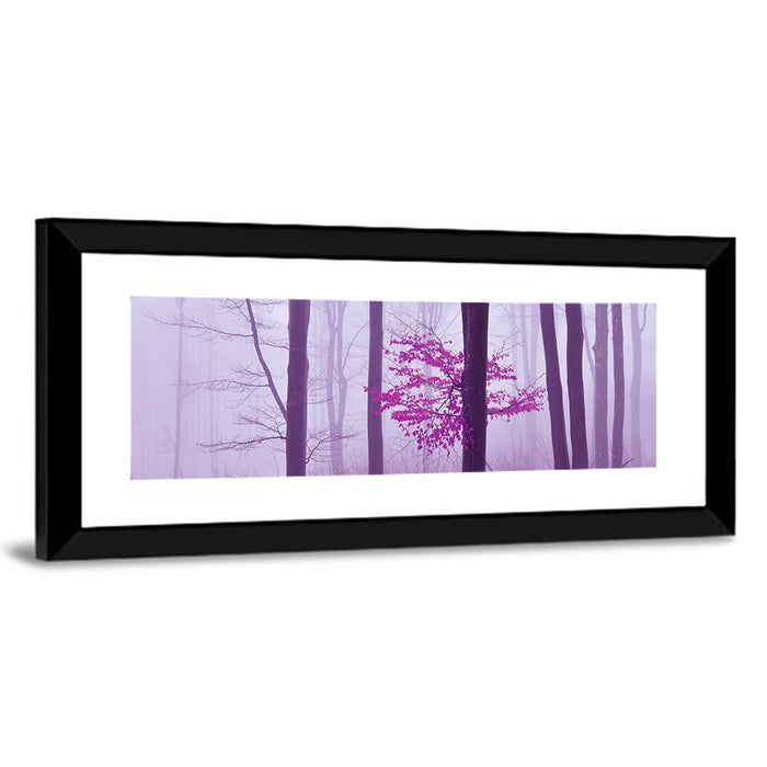Magenta Tree in Foggy Forest Wall Art as a framed print