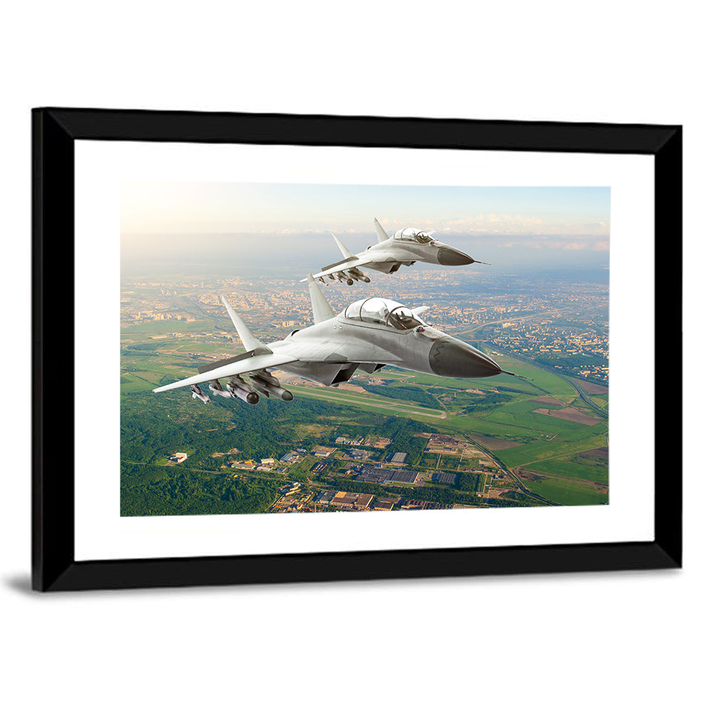 Twin Fighter Jets Over Cityscape Wall Art