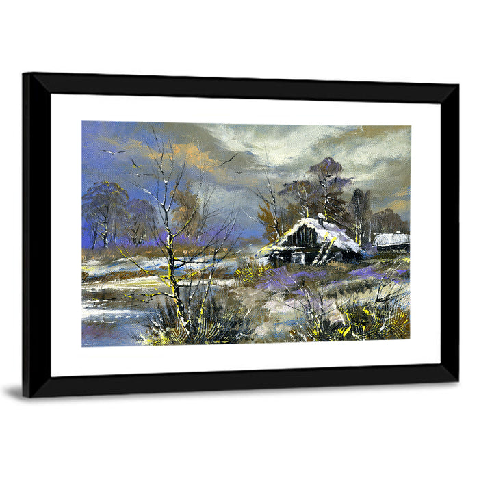 Winter Cottage by the River Wall Art as a framed print