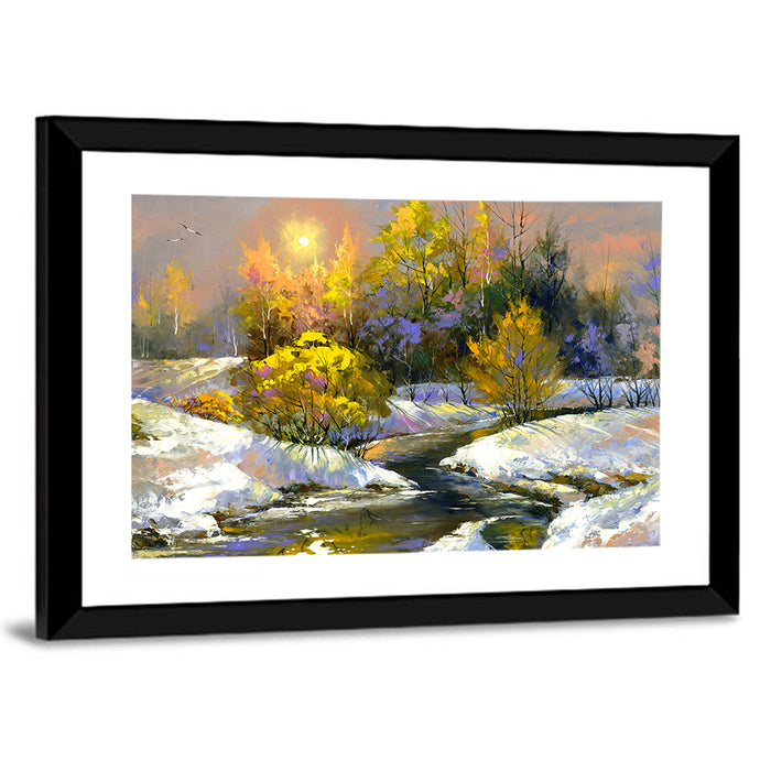 Sunlit Winter River Wall Art as a framed print