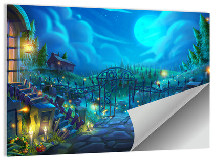 Halloween Cemetery Gate Illustration Wall Art