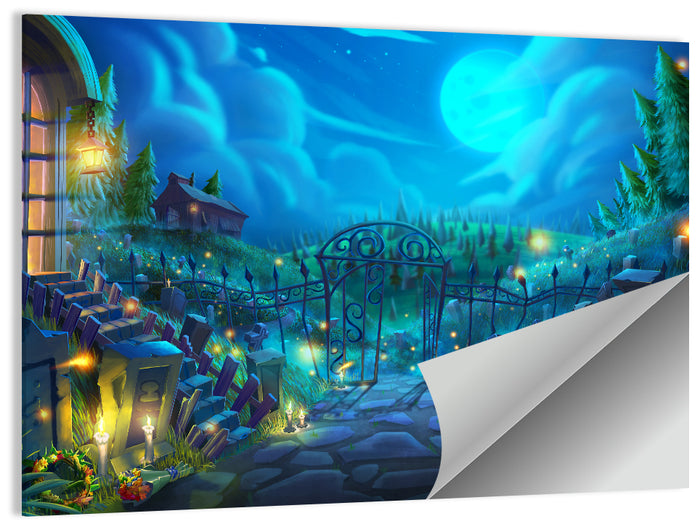 Halloween Cemetery Gate Illustration Wall Art as a poster print