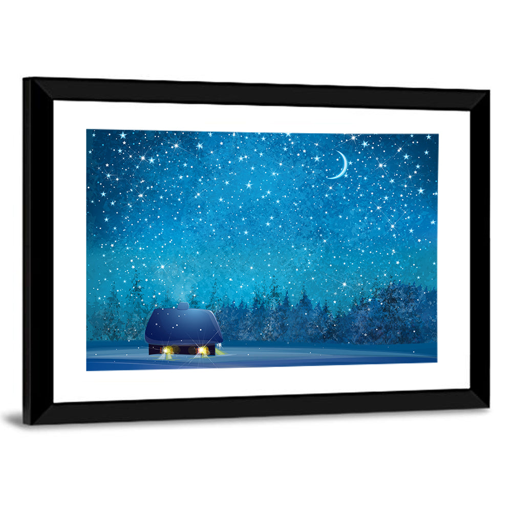 Winter Cottage Under Crescent Moon Wall Art