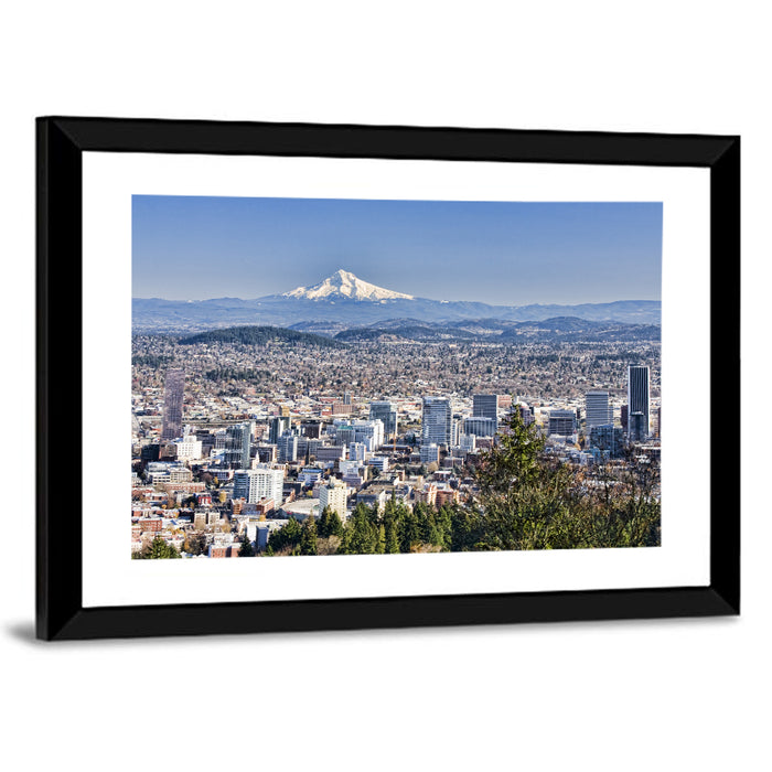 Portland Skyline with Mount Hood Wall Art as a framed print