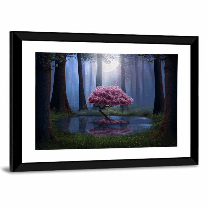 Moonlit Cherry Blossom Reflection Wall Art as a framed print