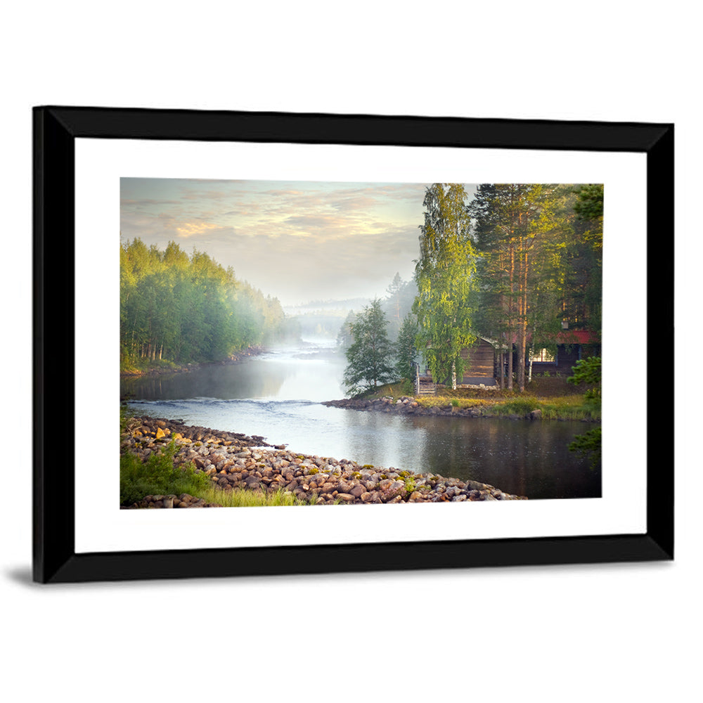 Misty River with Red Roof Cabin Wall Art