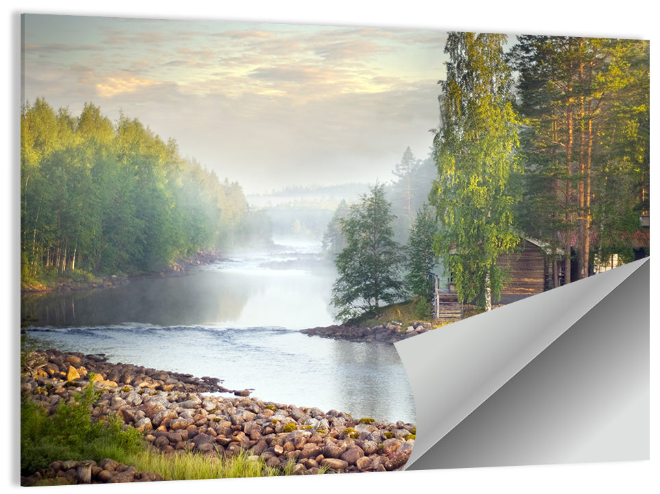 Misty River with Red Roof Cabin Wall Art