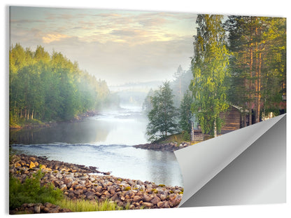 Misty River with Red Roof Cabin Wall Art