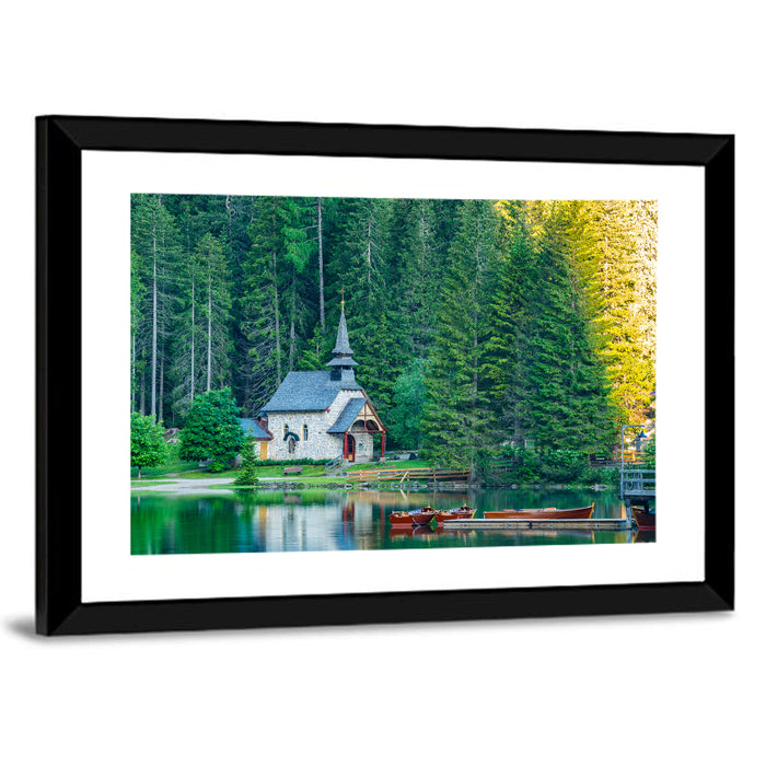 Lago Di Braies Chapel Reflection Wall Art as a framed print