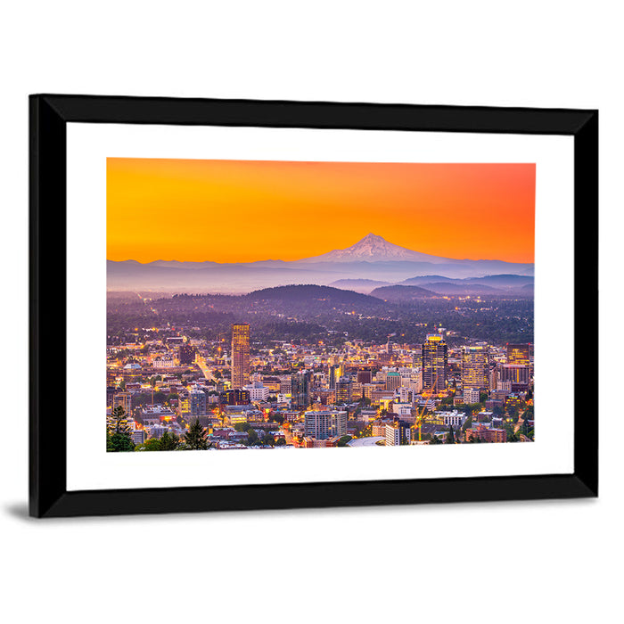 Mount Hood Over Portland Skyline Wall Art as a framed print
