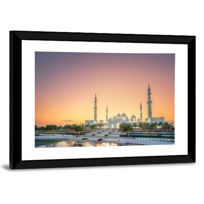 Sheikh Zayed Grand Mosque at Sunset Wall Art as a framed print