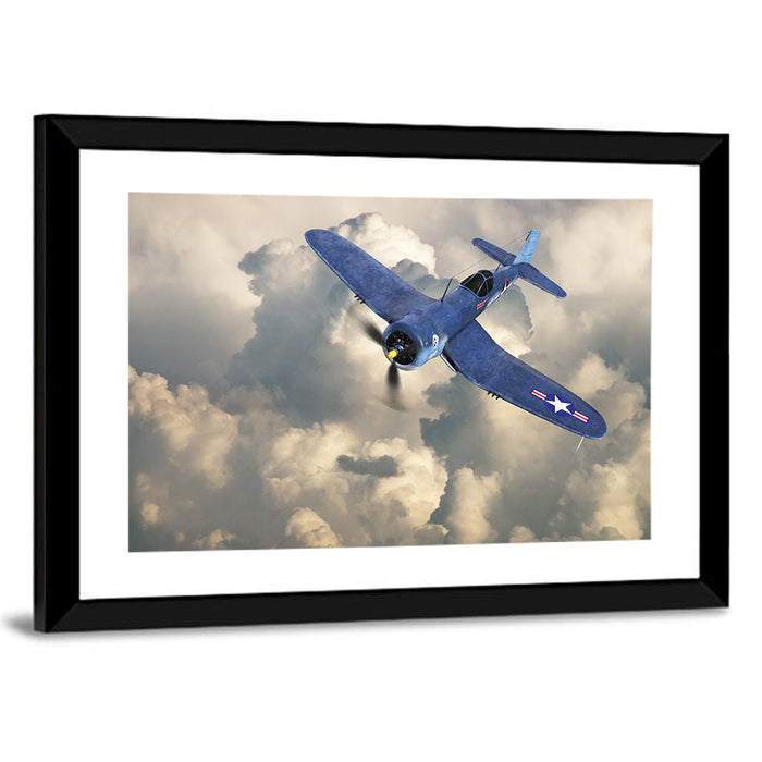 Wwii Fighter Plane Over Clouds Wall Art as a framed print