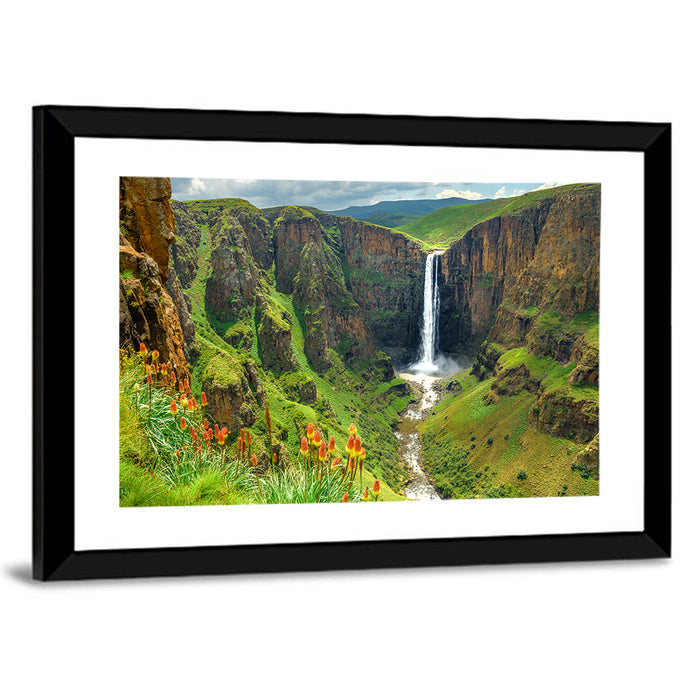 Maletsunyane Falls with Torch Lilies Wall Art as a framed print