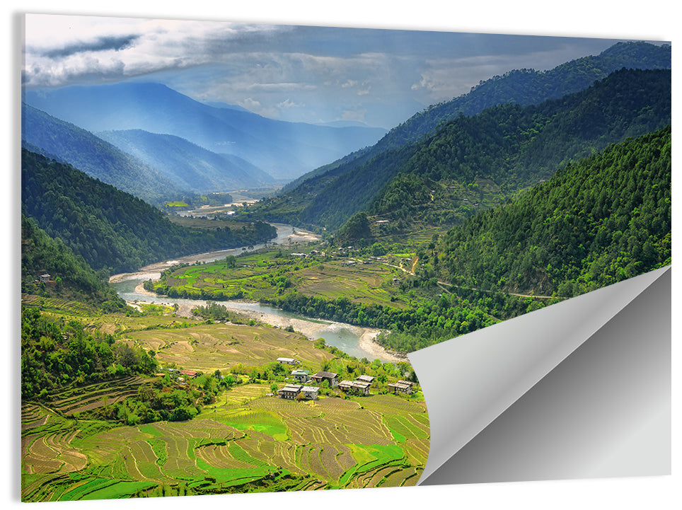 Punakha River Valley with Terraced Rice Fields Wall Art