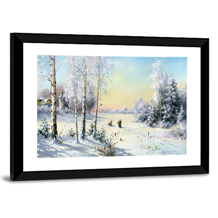 Birch-framed Winter Village Wall Art as a framed print