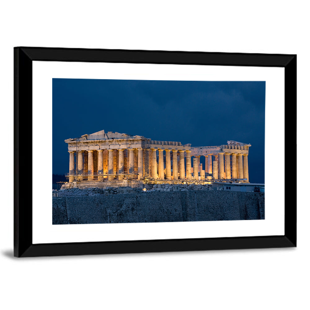 Illuminated Parthenon at Night Wall Art in a room, landscape