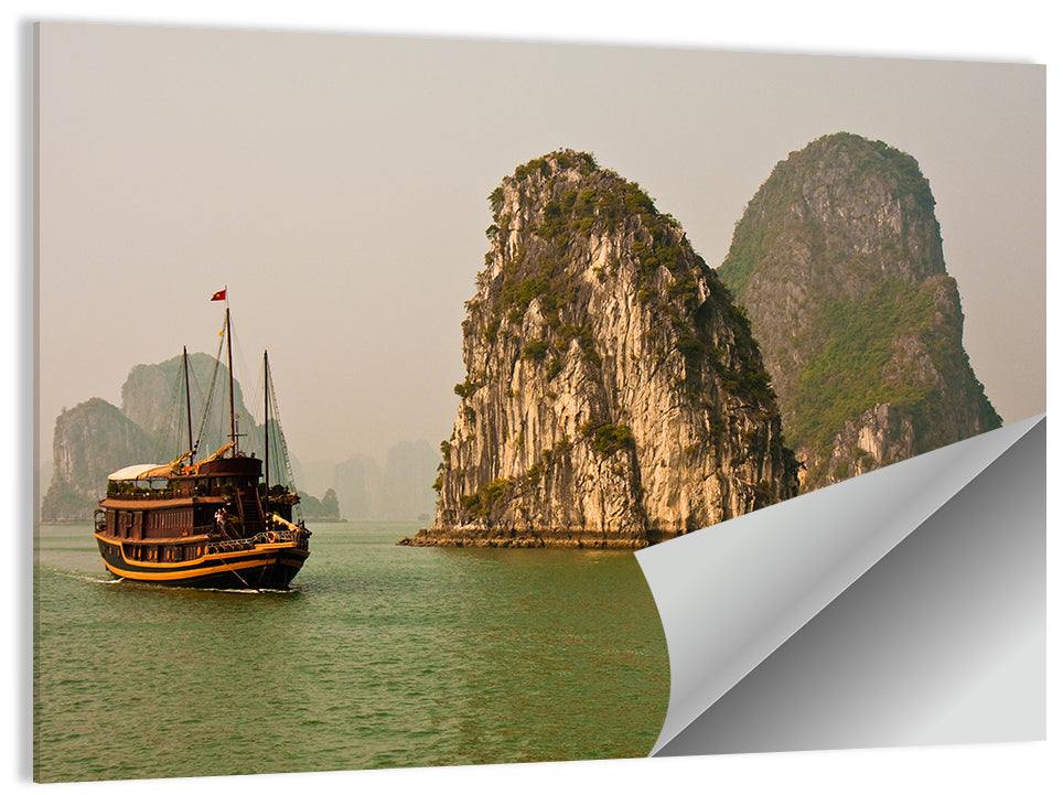 Ha Long Bay Junk Boat and Karst Cliffs Wall Art
