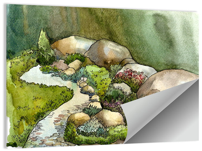 Watercolor Rock Garden Stream Wall Art as a poster print